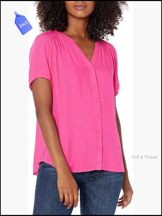 Tops - Relaxed Fit V-Neck Short Sleeve Woven Blouse